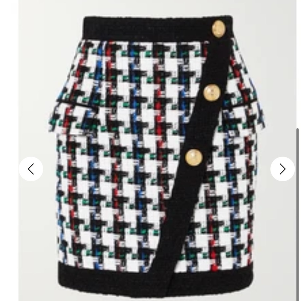Balmain Black and White Tweed Mini Skirt with Gold Buttons Sz 38